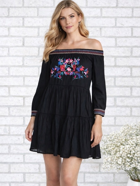 Free People Dresses & Skirts - Free People Black Off-Shoulder Mini Dress with Floral Embroidery Size M